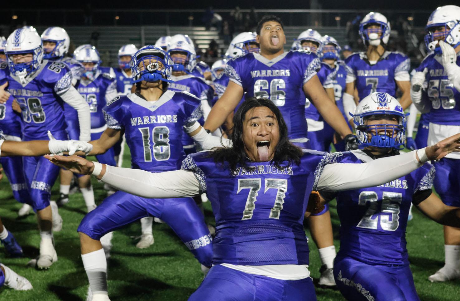 South City senior Soblessed Mauia front and center during the team’s traditional postgame Haka following the CCS Division V championship game Saturday night at MacDonald High School. (Source: Jarrel  Paloma)